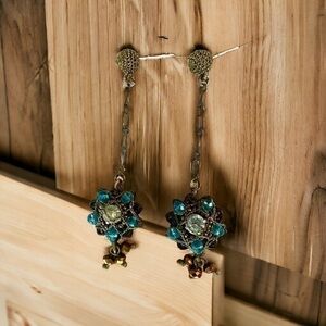 Beautiful Vintage Pierced Earrings - Bronze Tone - Blue Stones